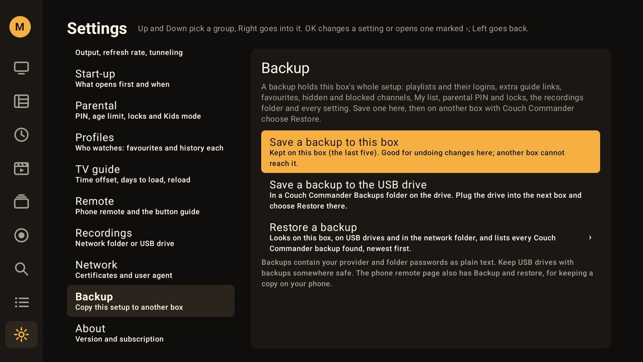Backup: save this setup and restore it on another TV